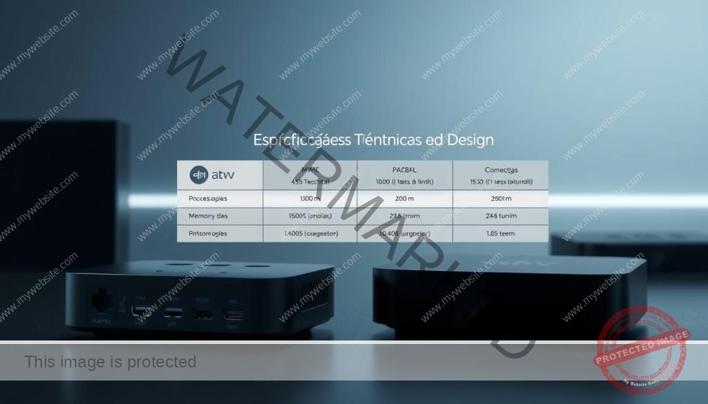 A sleek and modern display showcasing the technical specifications of streaming devices. In the foreground, a well-lit, high-angle shot highlights the clean lines and minimal design of the devices, their connectivity ports and interfaces visible. In the middle ground, a subtle grid layout presents key technical details such as processing power, memory, storage, and network capabilities. The background features a soft, blurred gradient in shades of blue and gray, creating a professional, tech-savvy atmosphere. The overall composition conveys a sense of sophistication and attention to detail, perfectly suited to illustrate the "Especificações Técnicas e Design" section of the article. A sleek and modern display showcasing the technical specifications of streaming devices. In the foreground, a well-lit, high-angle shot highlights the clean lines and minimal design of the devices, their connectivity ports and interfaces visible. In the middle ground, a subtle grid layout presents key technical details such as processing power, memory, storage, and network capabilities. The background features a soft, blurred gradient in shades of blue and gray, creating a professional, tech-savvy atmosphere. The overall composition conveys a sense of sophistication and attention to detail, perfectly suited to illustrate the "Especificações Técnicas e Design" section of the article.
